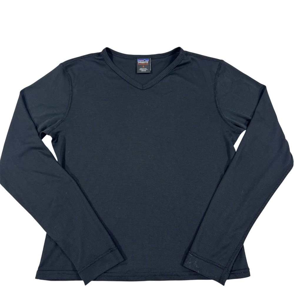 Patagonia Capilene Black Long Sleeve V-Neck Base Layer Top Women's S USA Made